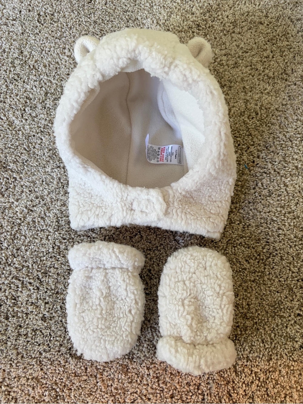 The White Company Cream Sherpa Baby Hat with Ear Details and Matching Mittens